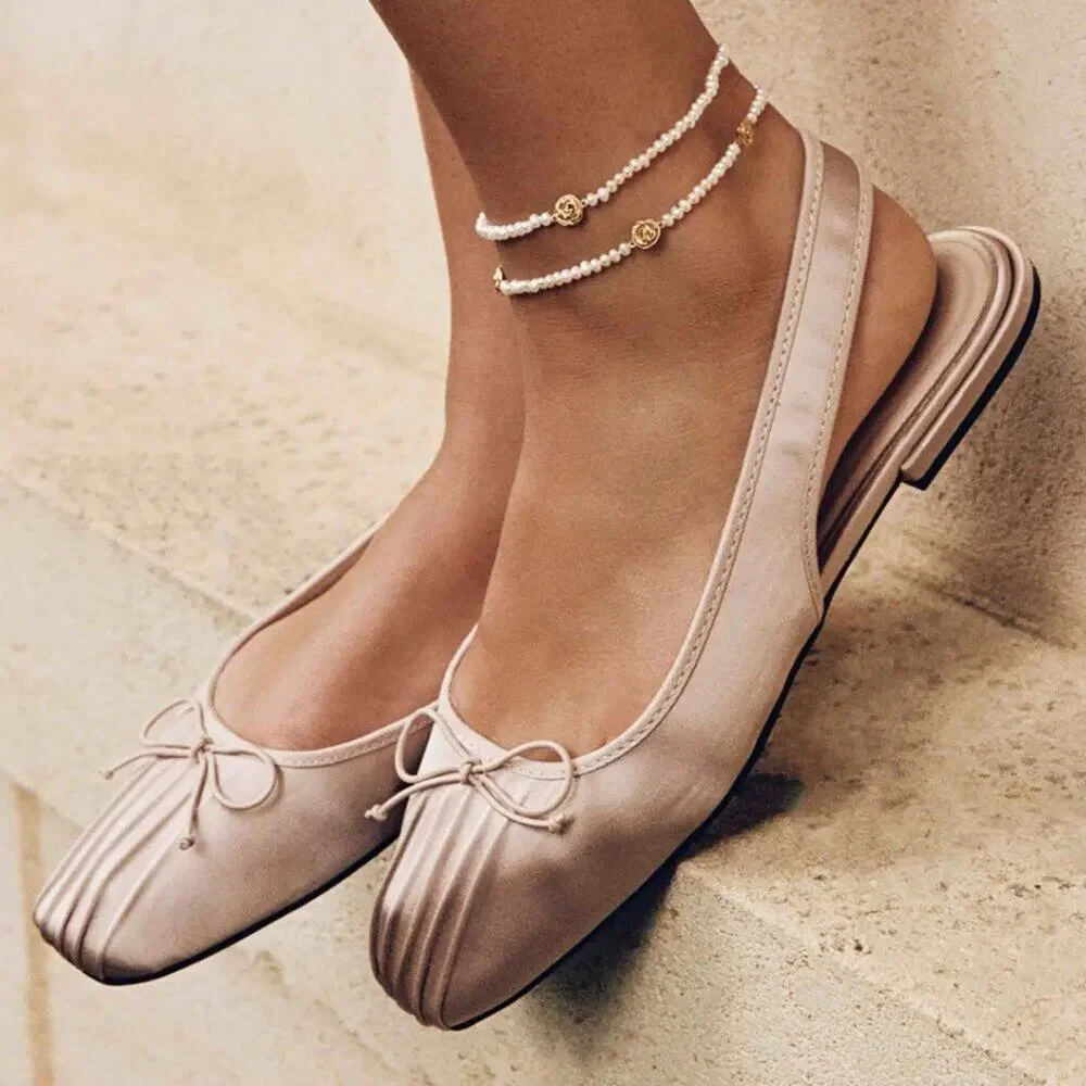 ZARA Blush Pink Satin Slingback Ballet Flats Bow Rounded Toe NWT 7.5